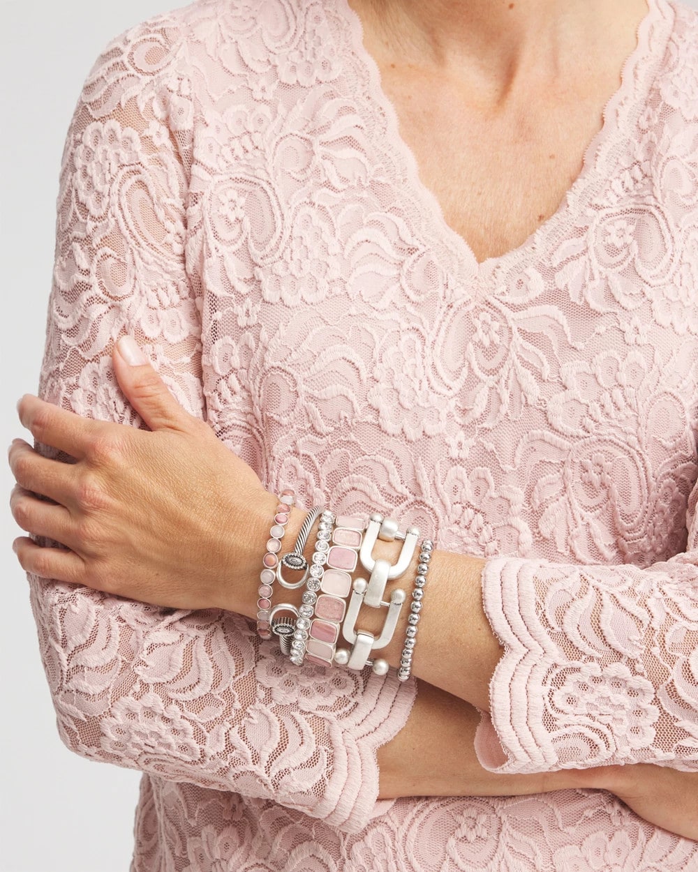 Quartz & Rhodonite Stone Silvertone Round Stretch - Chico's