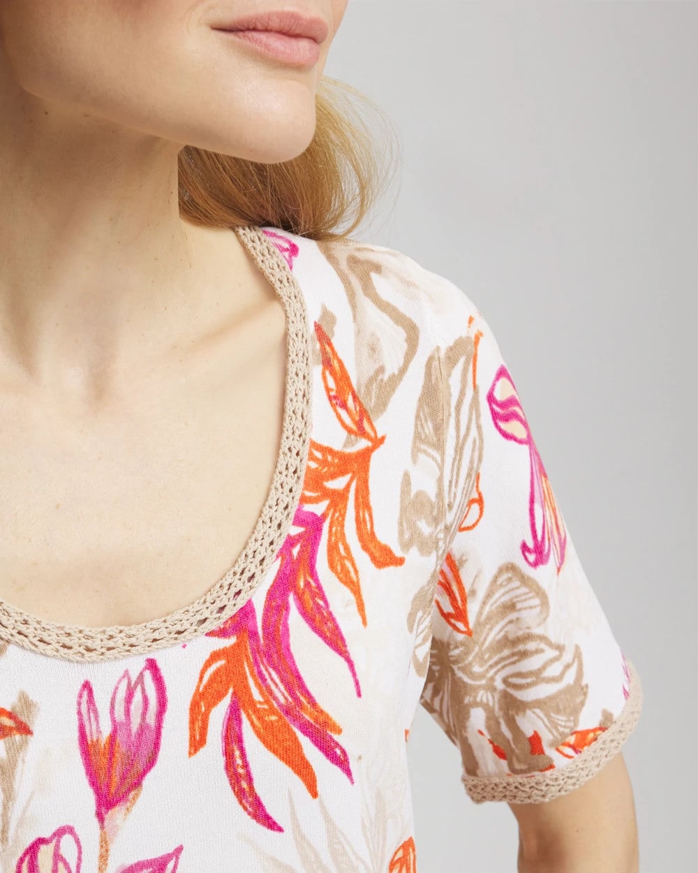 Floral Print Crochet-Trim Pullover Sweater - Chico's