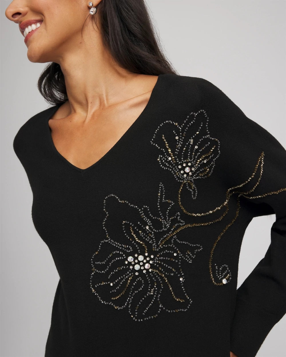 Floral Embellished Dolman V-Neck Pullover - Chico's