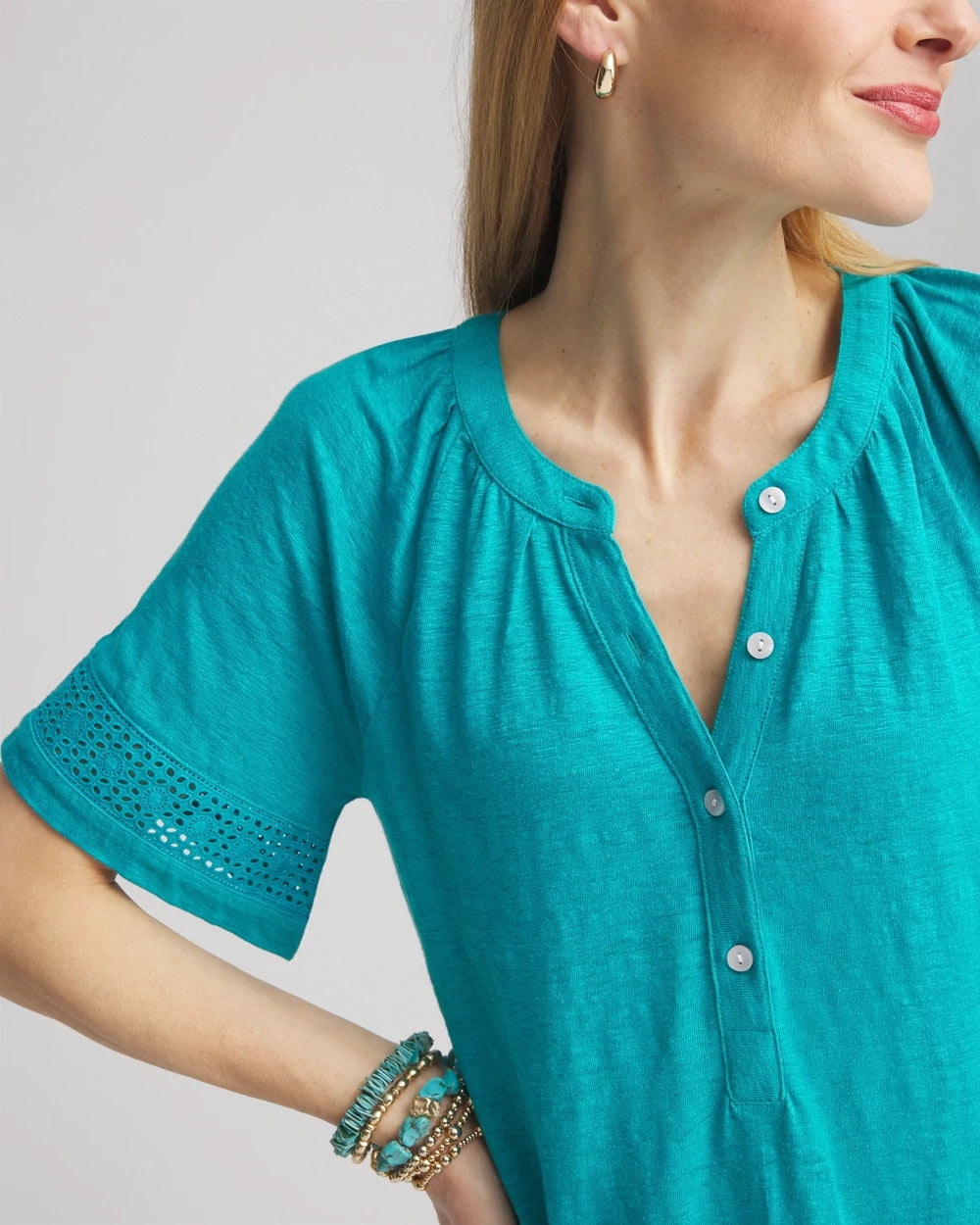 Linen Lace-Cutwork Sleeve Henley Tee - Chico's