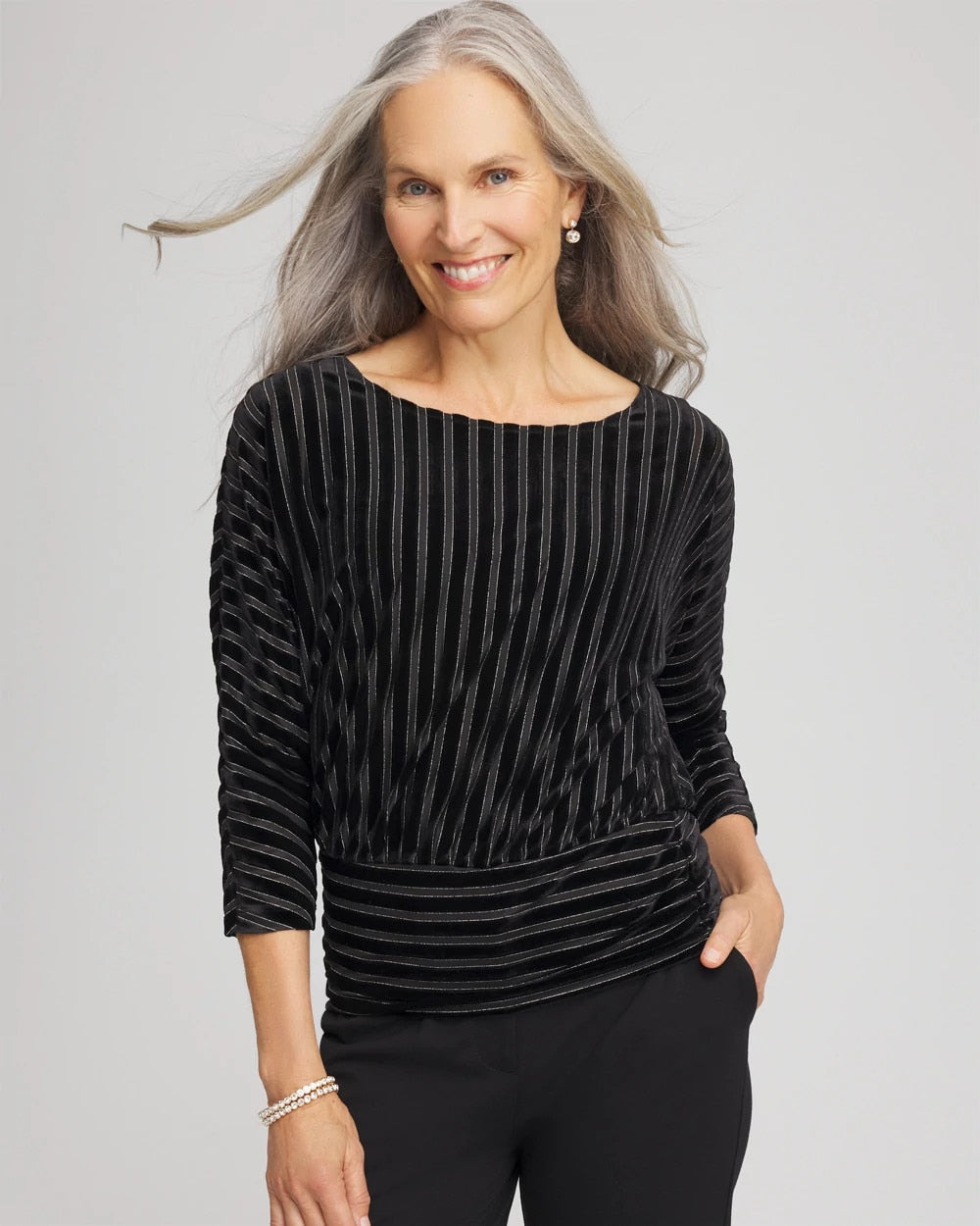 Velvet Burnout Stripe Banded-Bottom Top - Chico's