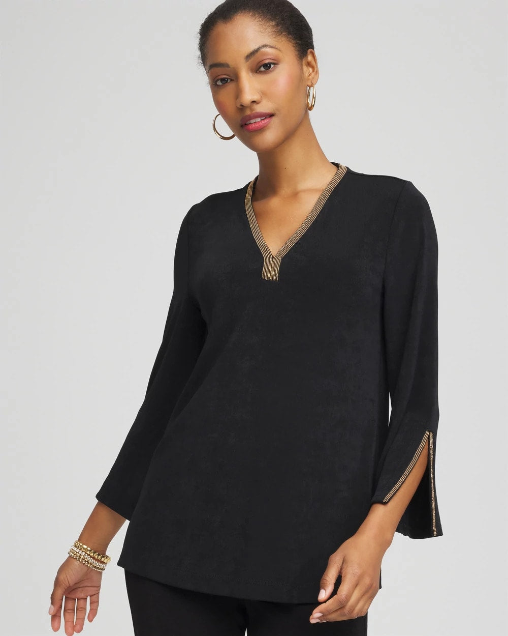 Travelers™ Embellished V-Neck Flutter Sleeve Tunic - Chico's