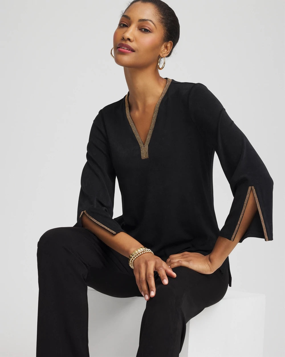 Travelers™ Embellished V-Neck Flutter Sleeve Tunic - Chico's