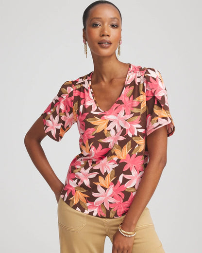Floral Petal-Sleeve Voop Neck Tee - Chico's
