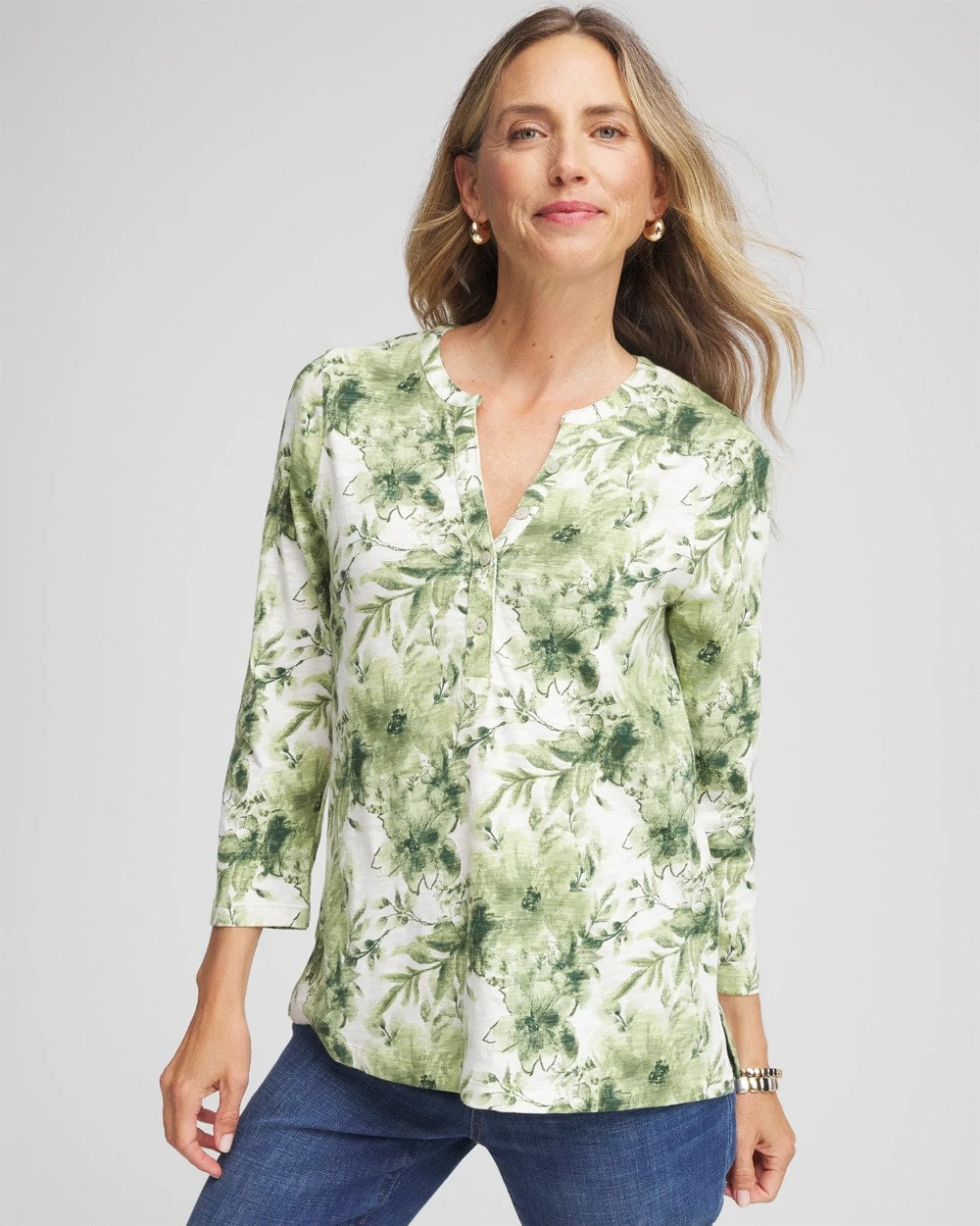 Printed Slub Splitneck Henley Tee - Chico's