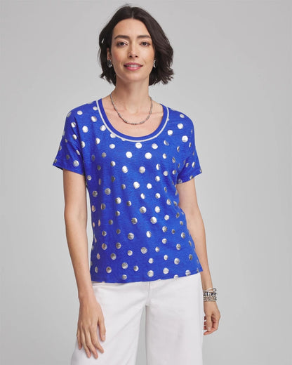 Foiled Polka-Dot Sweater-Trim Linen Tee - Chico's