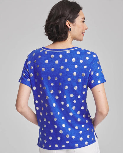 Foiled Polka-Dot Sweater-Trim Linen Tee - Chico's