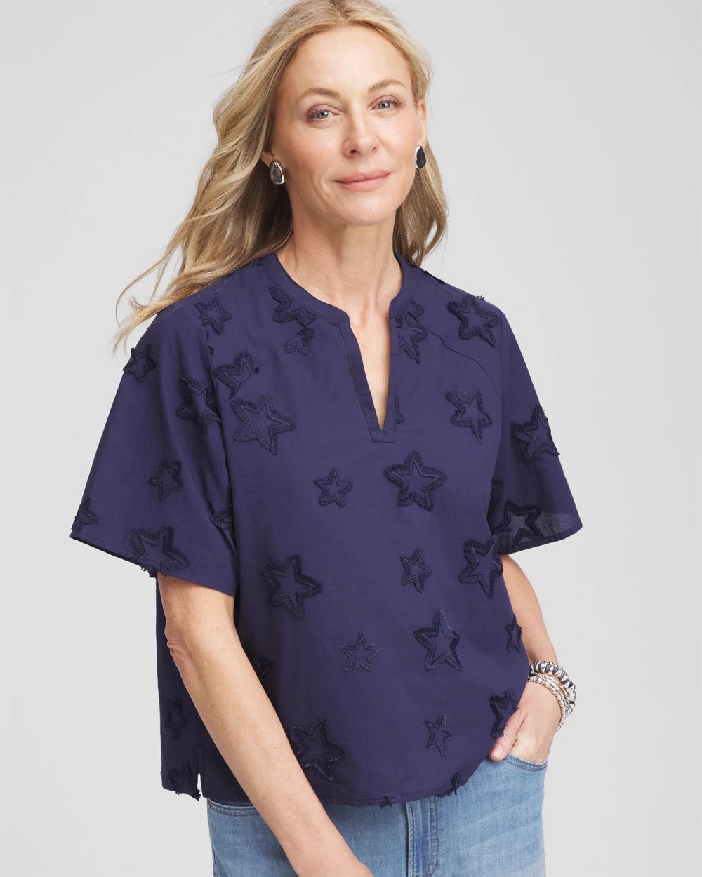 Embroidered Star Split Neck Blouse - Chico's