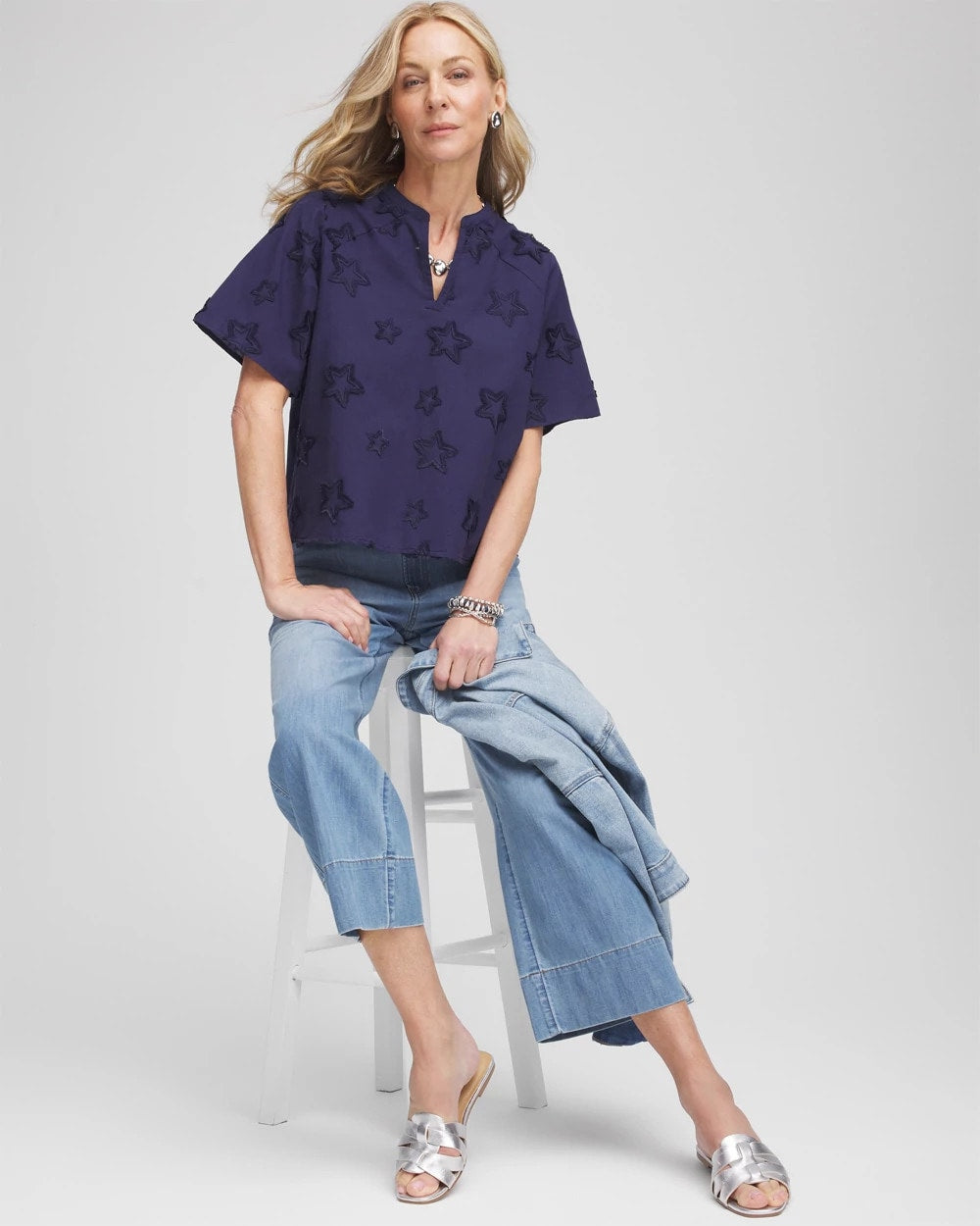 Embroidered Star Split Neck Blouse - Chico's
