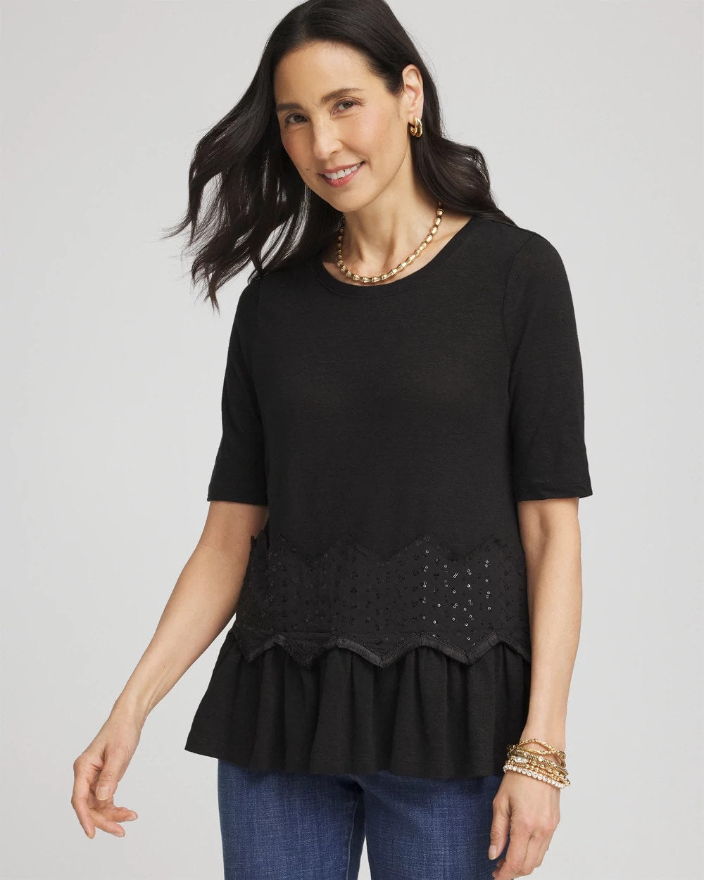Chevron Sequin Peplum Linen Tee - Chico's