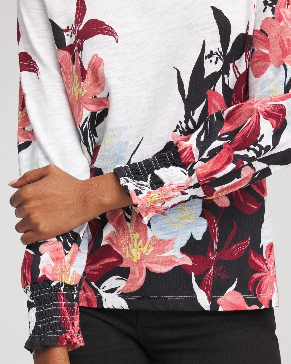 Floral-Motif Smocked Cotton-Slub Tee - Chico's