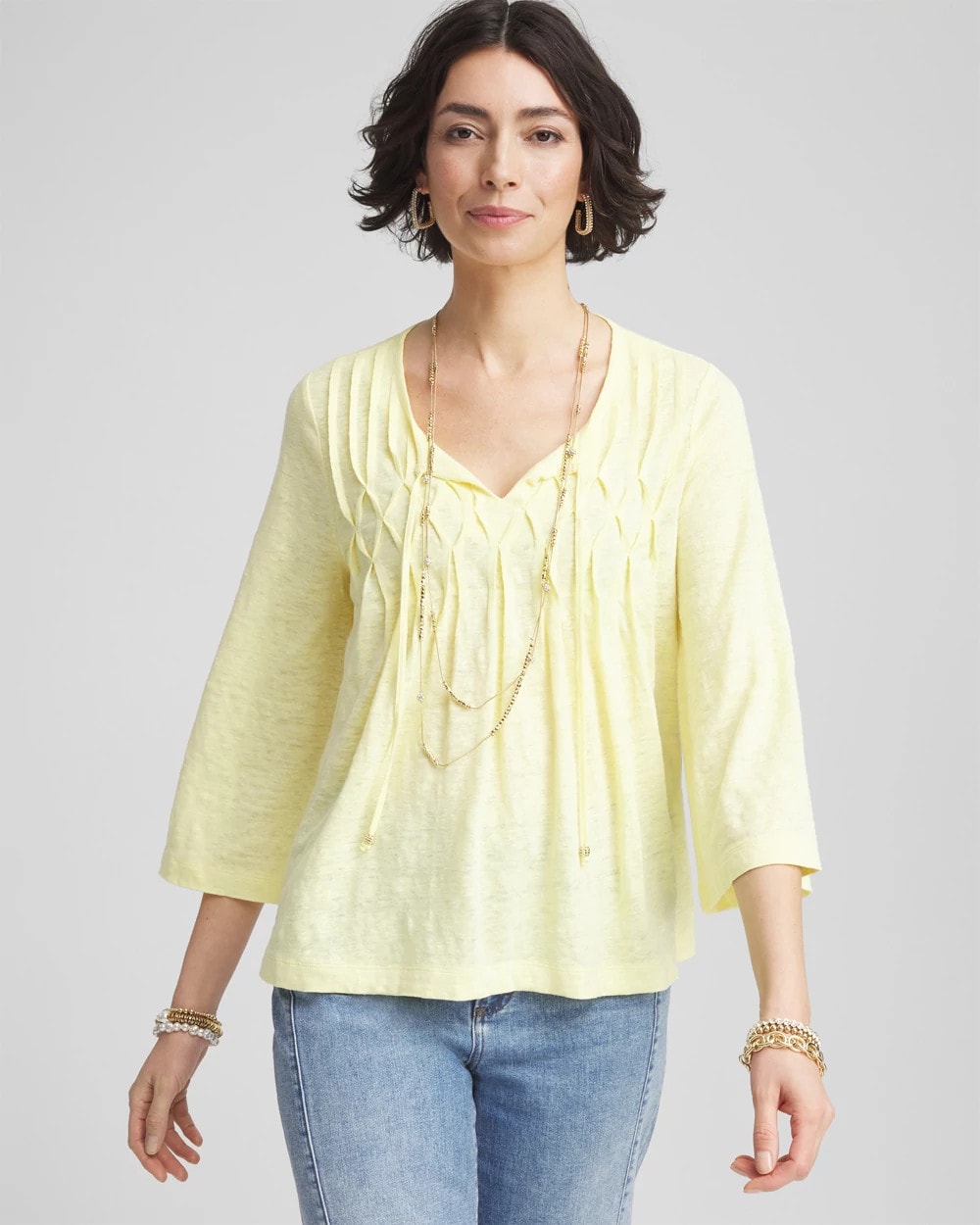 Pintuck Linen Notched-Neck Tee - Chico's