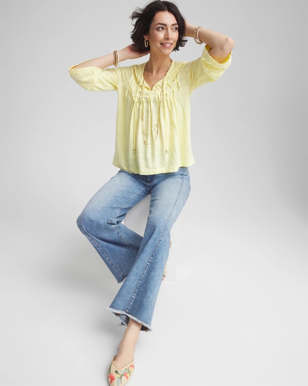 Pintuck Linen Notched-Neck Tee - Chico's