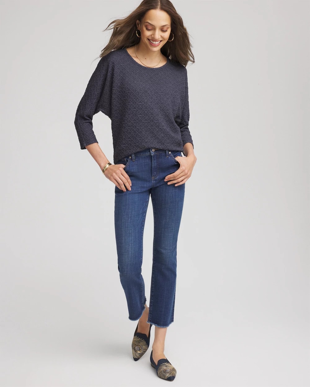 Textured Denim-Motif Tapered-Hem Top - Chico's