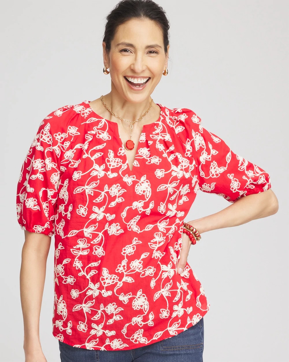 Floral Embroidered Cotton Peasant Blouse - Chico's