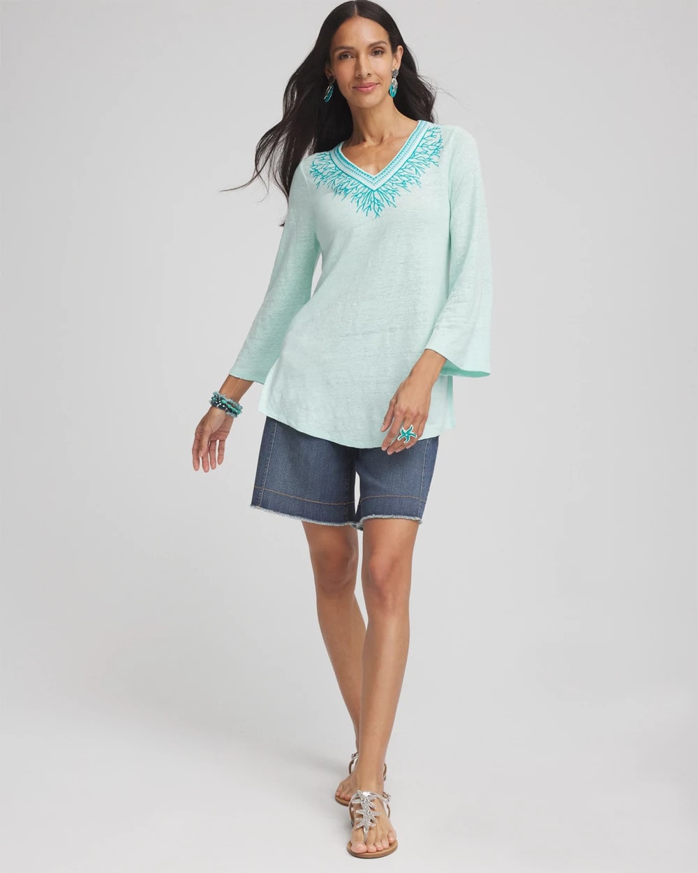 Linen Embroidered V-Neck Tunic - Chico's