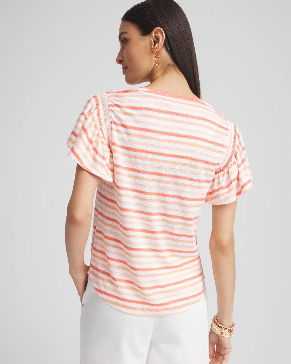 Striped Linen Smocked Flutter-Sleeved Tee - Chico's