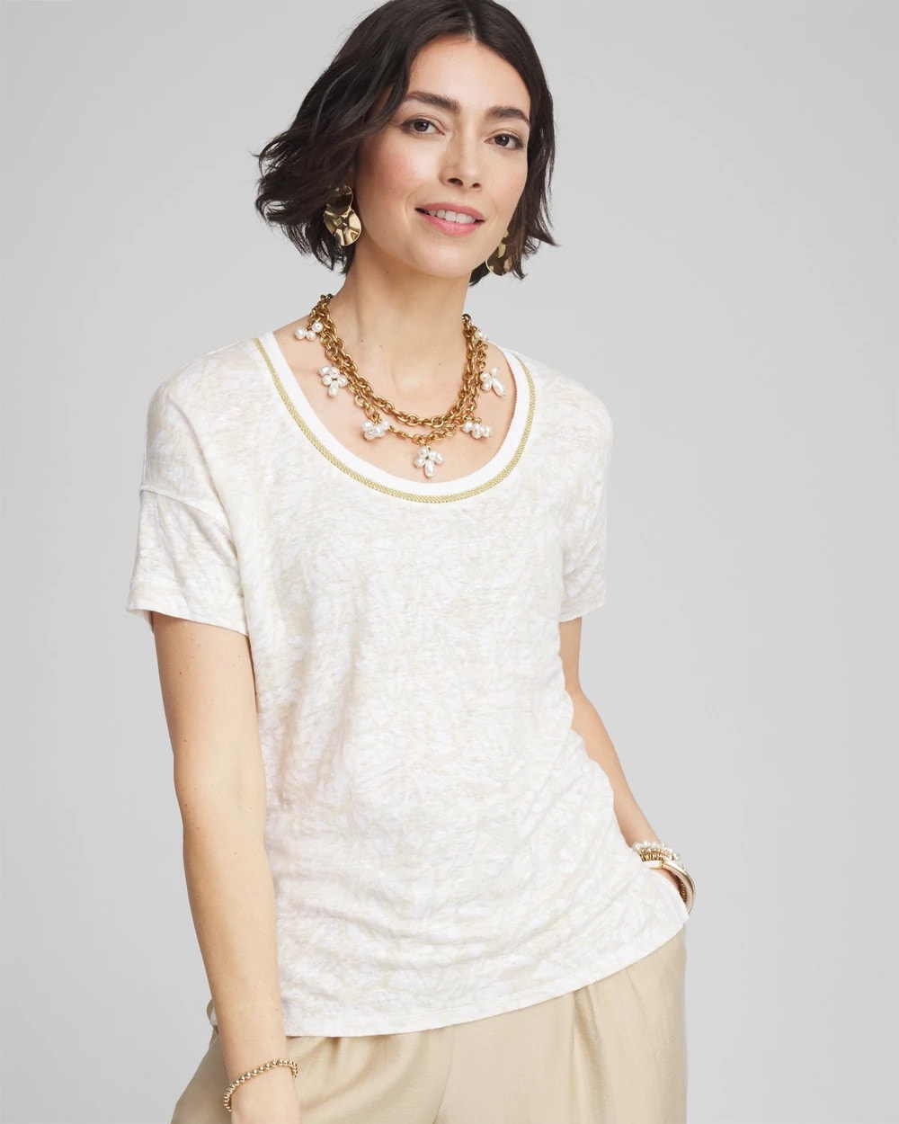 Printed Sweater Trim Linen Tee - Chico's