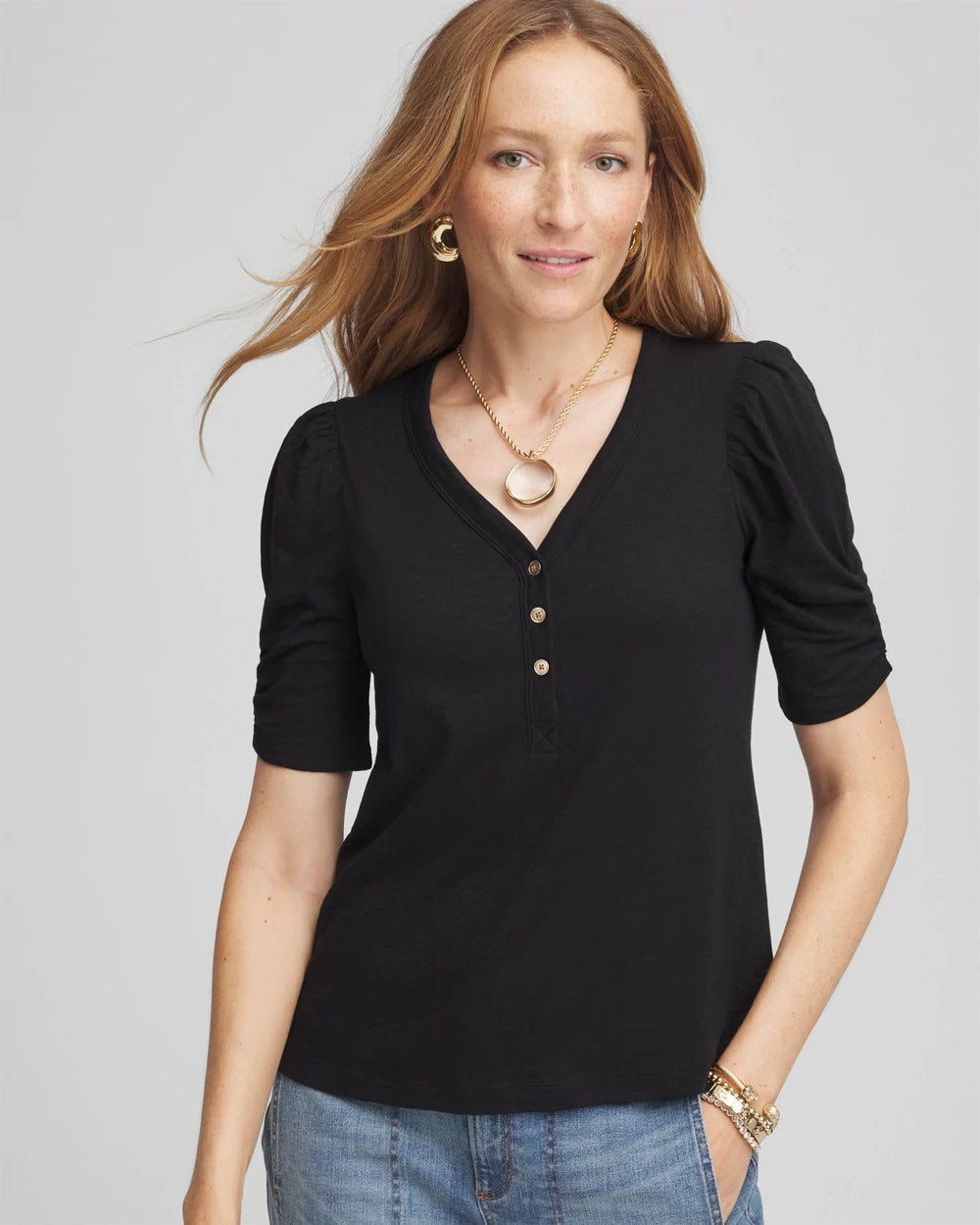 Slub Split Neck Henley Tee - Chico's