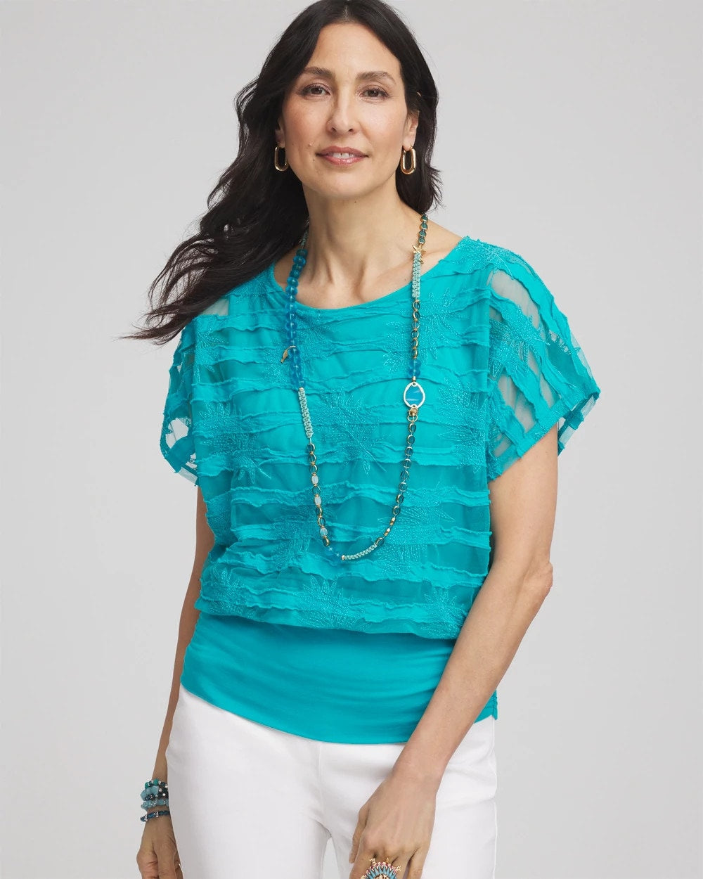 Embroidered Striped Banded Bottom Top - Chico's
