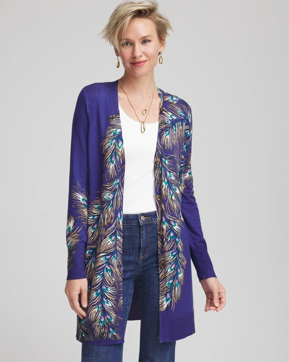Ella Peacock-Print Cardigan Sweater - Chico's