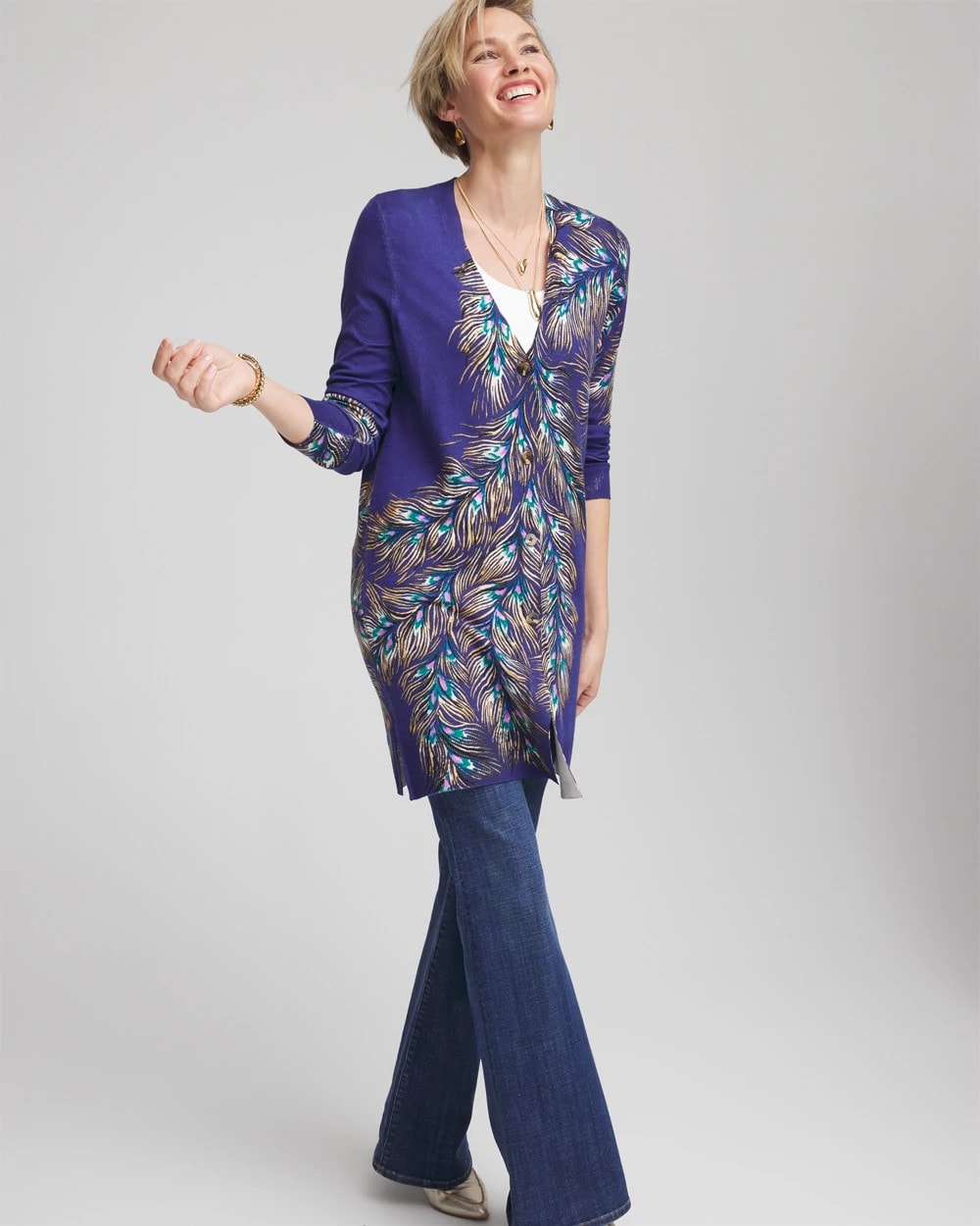 Ella Peacock-Print Cardigan Sweater - Chico's