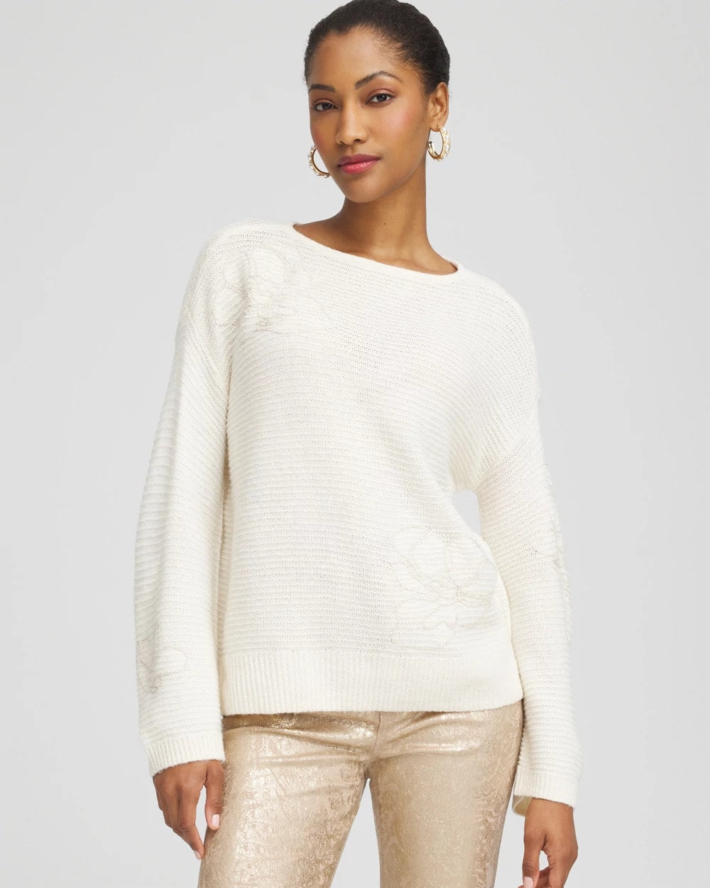 Tonal Embroidered Boatneck Pullover Sweater - Chico's