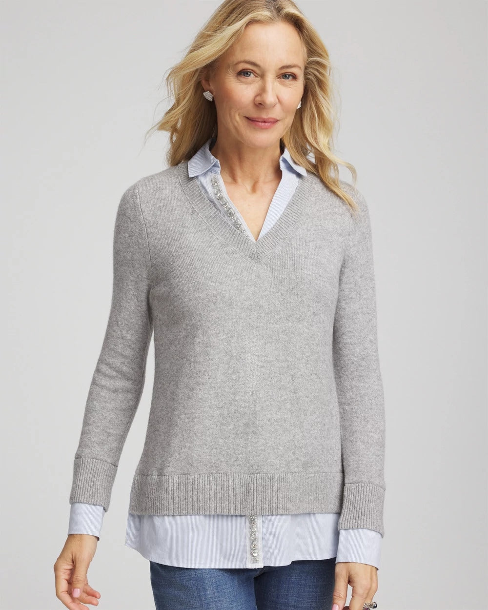 Sequin Built-In Shirt Knit Sweater - Chico's