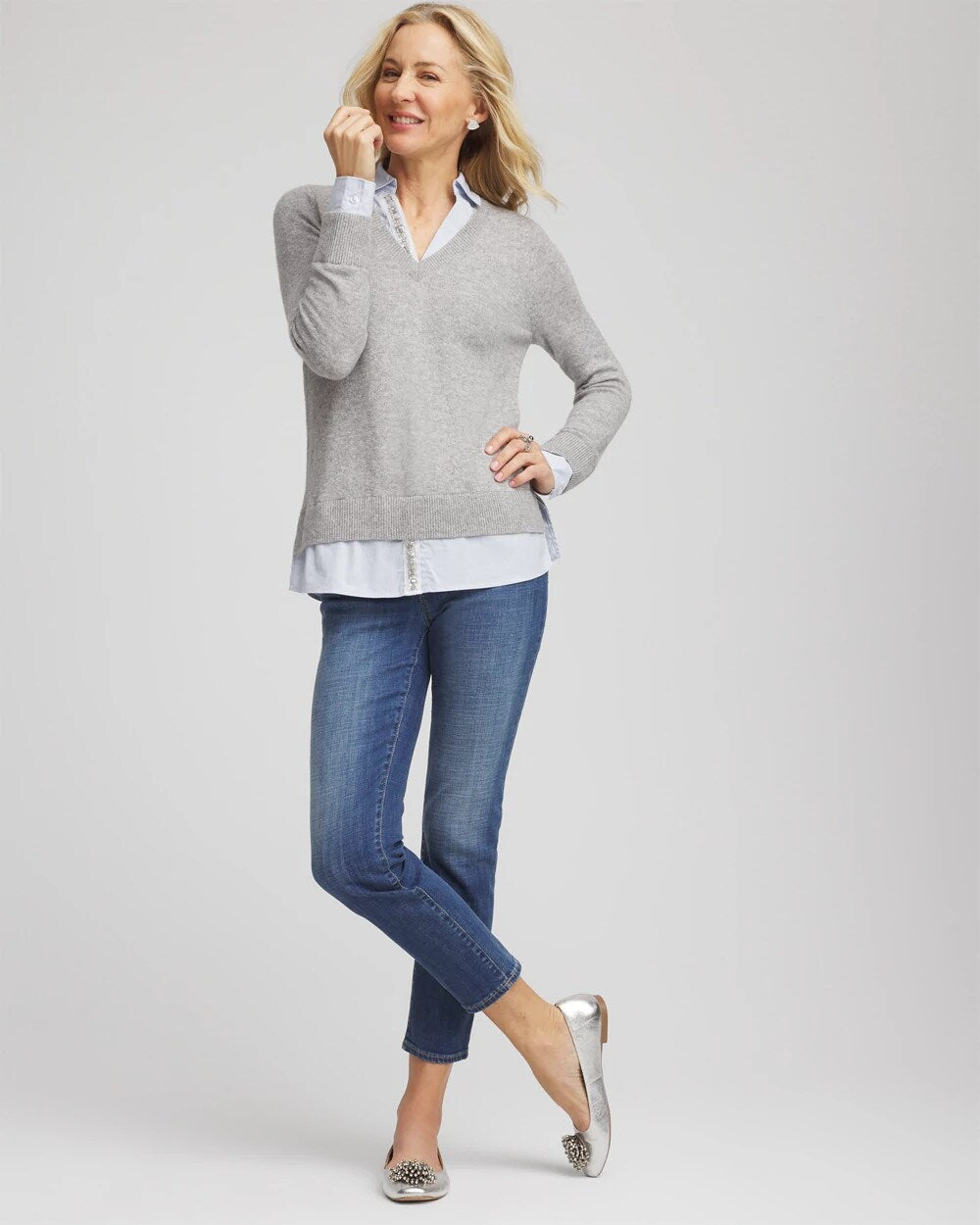 Sequin Built-In Shirt Knit Sweater - Chico's
