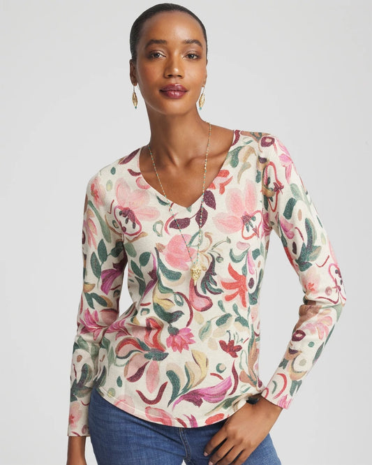 Ella V-Neck Floral Pullover Sweater - Chico's