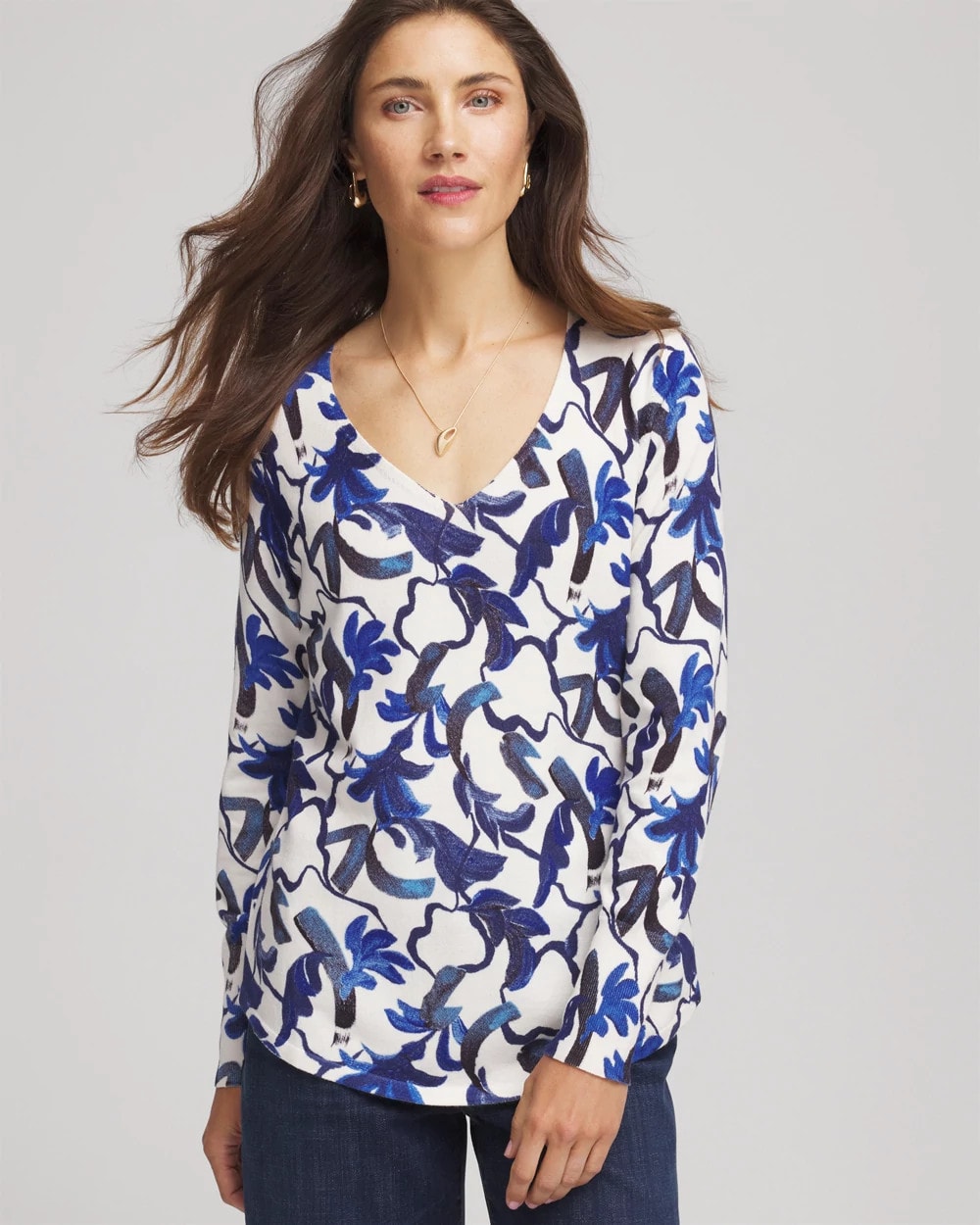Ella V-Neck Blue-Petals Pullover Sweater - Chico's