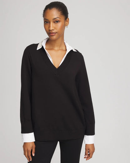 Embellished Layered Collar Shirt Sweater - Chico's