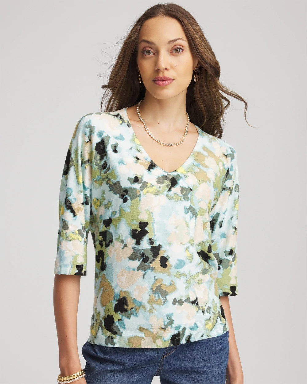 Printed Dolman V-Neck Pullover Sweater - Chico's