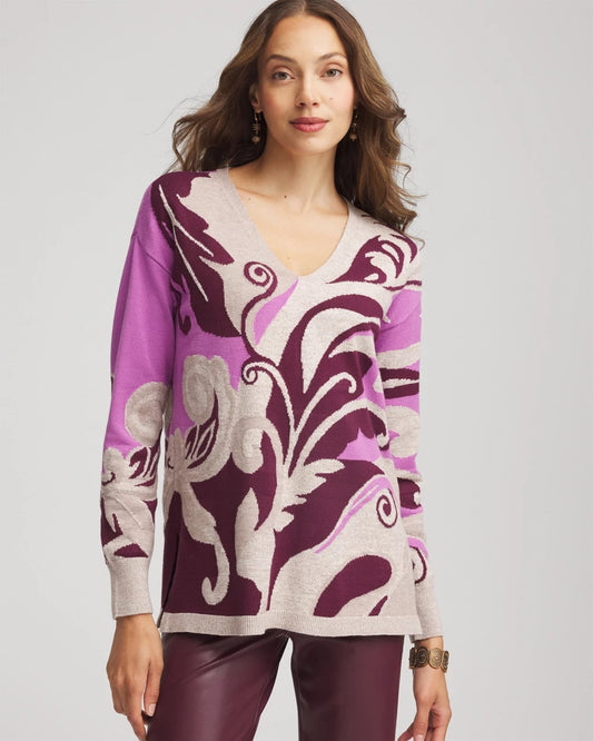 Intarsia Knit V-Neck Pullover Sweater - Chico's