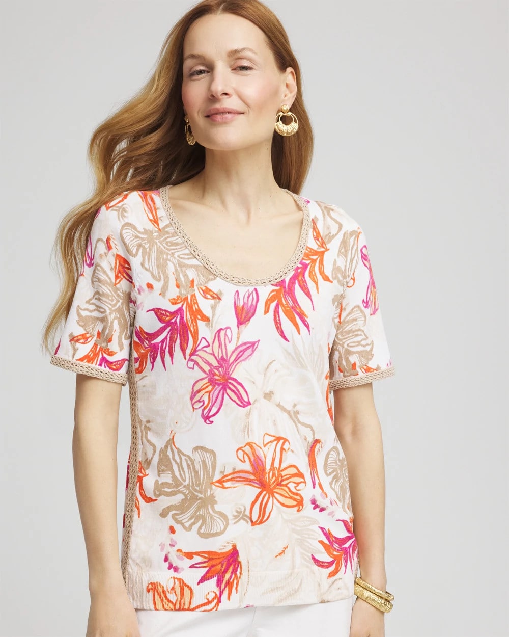 Floral Print Crochet-Trim Pullover Sweater - Chico's