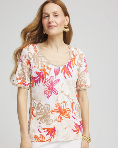 Floral Print Crochet-Trim Pullover Sweater - Chico's