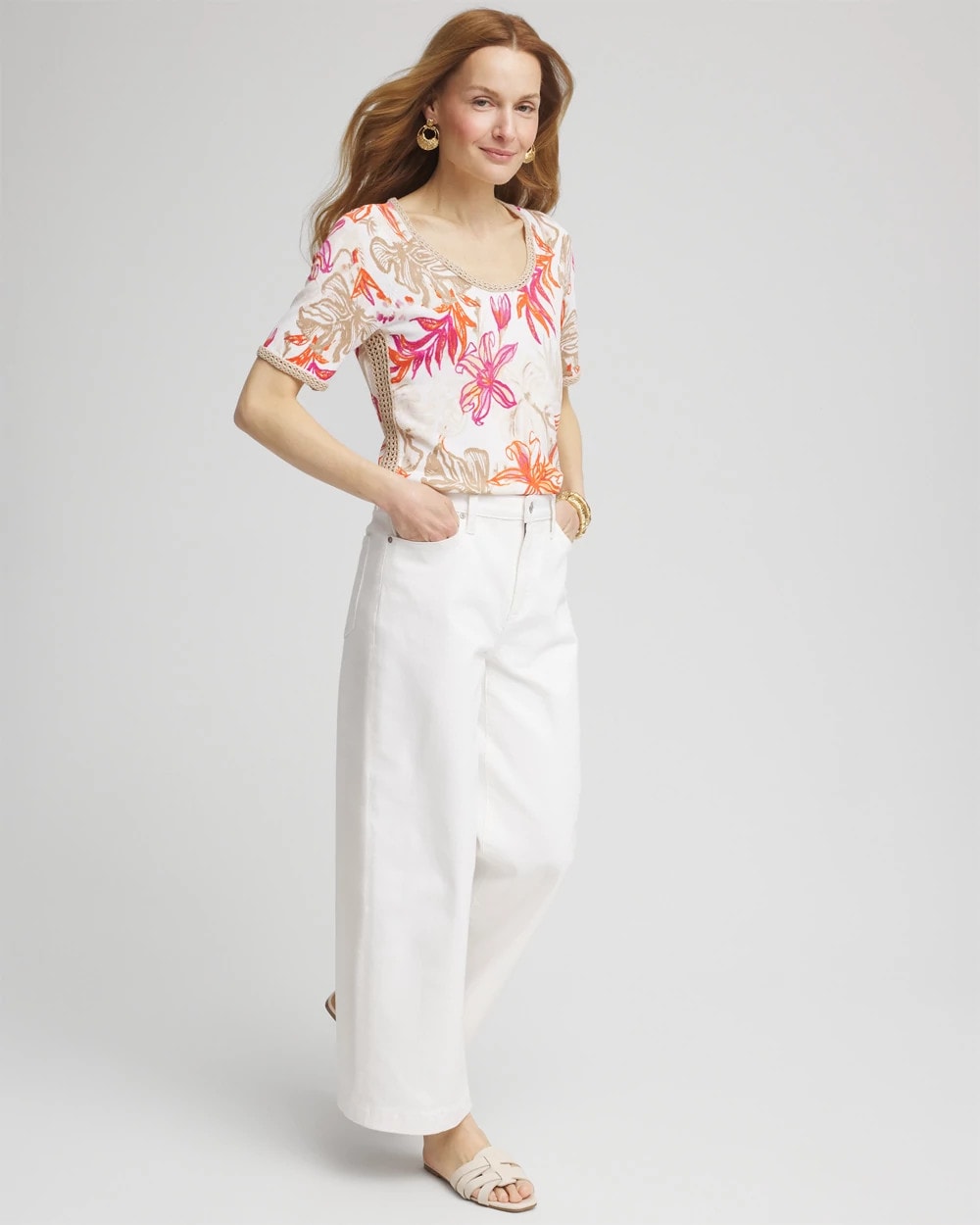 Floral Print Crochet-Trim Pullover Sweater - Chico's
