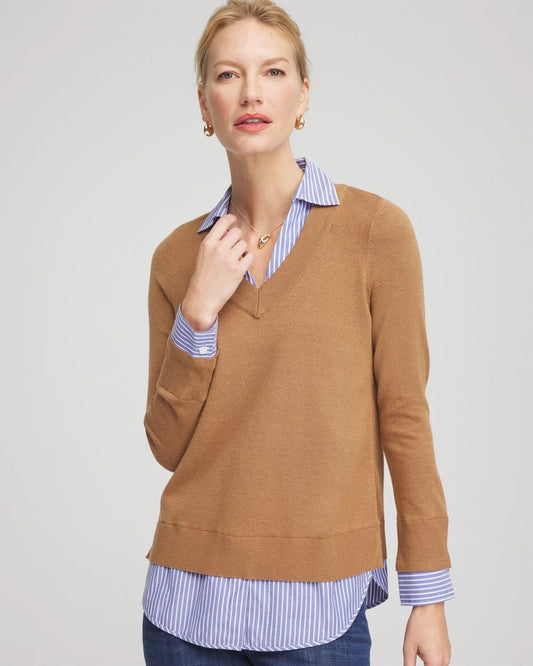 Camel Built-In Shirt Knit Sweater - Chico's