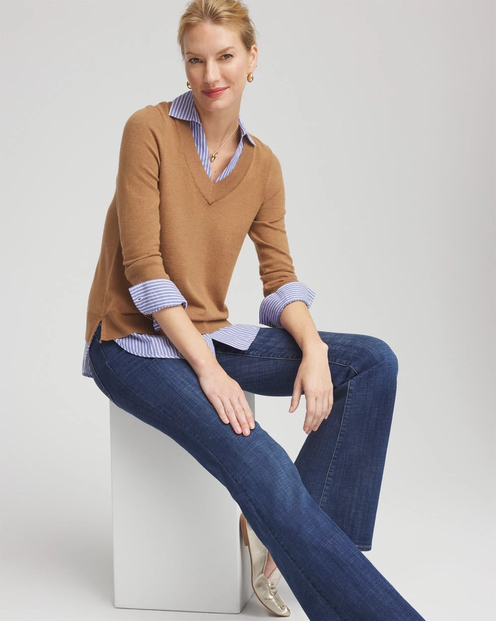 Camel Built-In Shirt Knit Sweater - Chico's
