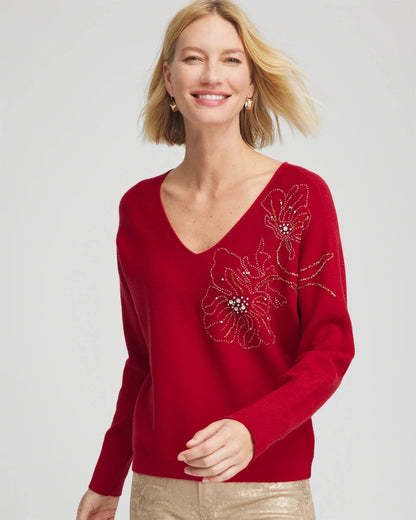 Floral Embellished Dolman V-Neck Pullover - Chico's