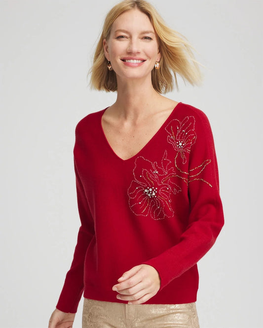 Floral Embellished Dolman V-Neck Pullover - Chico's
