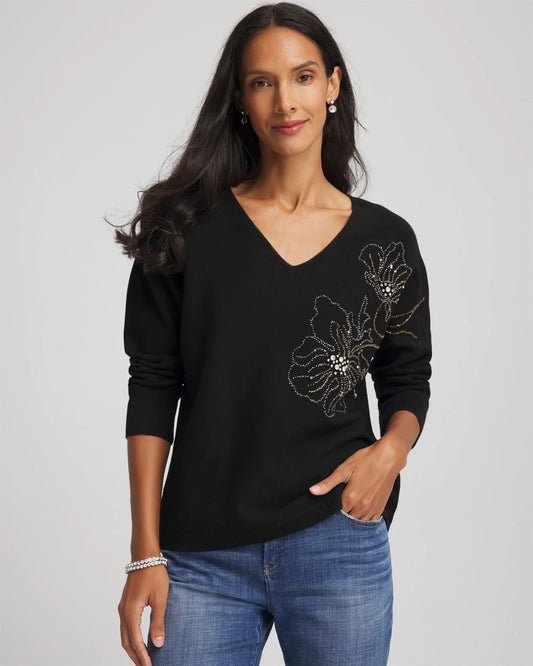 Floral Embellished Dolman V-Neck Pullover - Chico's