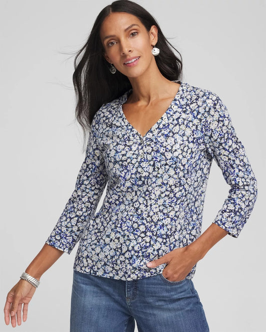 Printed Slub Splitneck Button Tee - Chico's