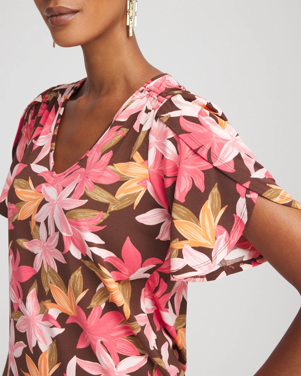 Floral Petal-Sleeve Voop Neck Tee - Chico's
