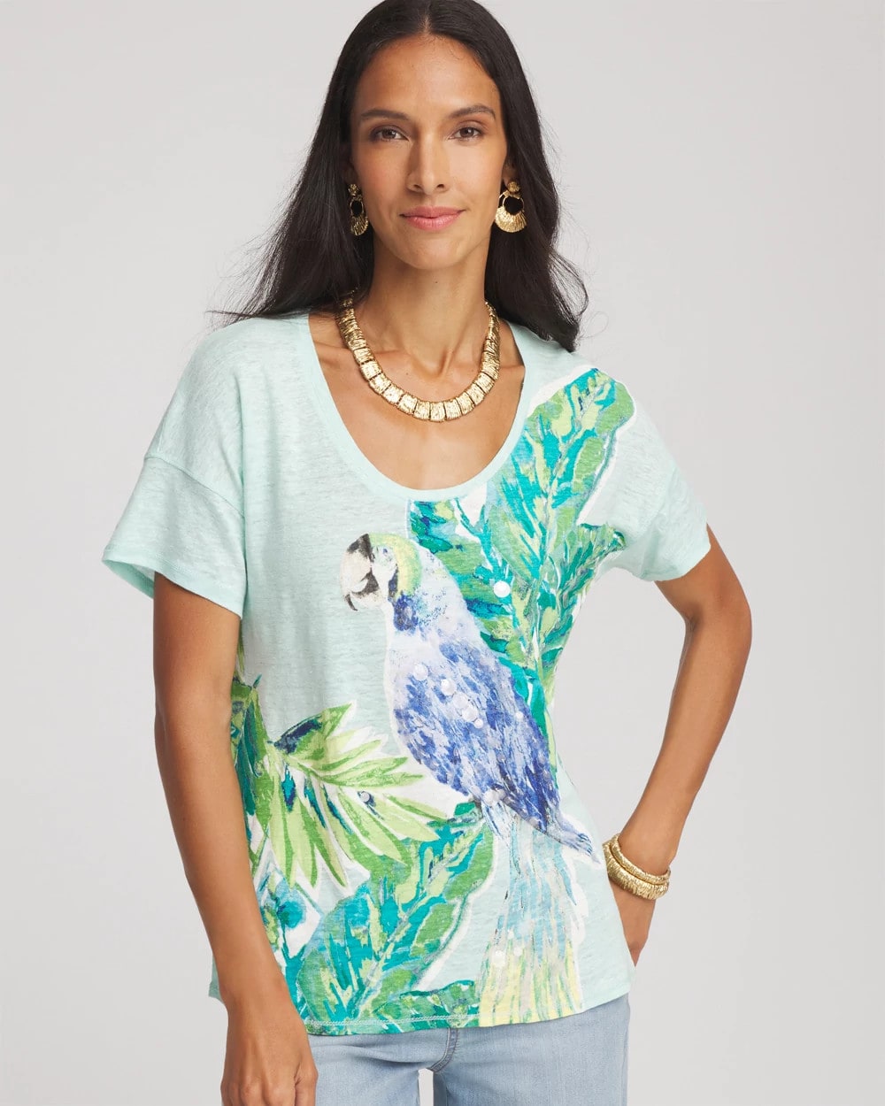 Linen Embellished Parrot Easy Tee - Chico's