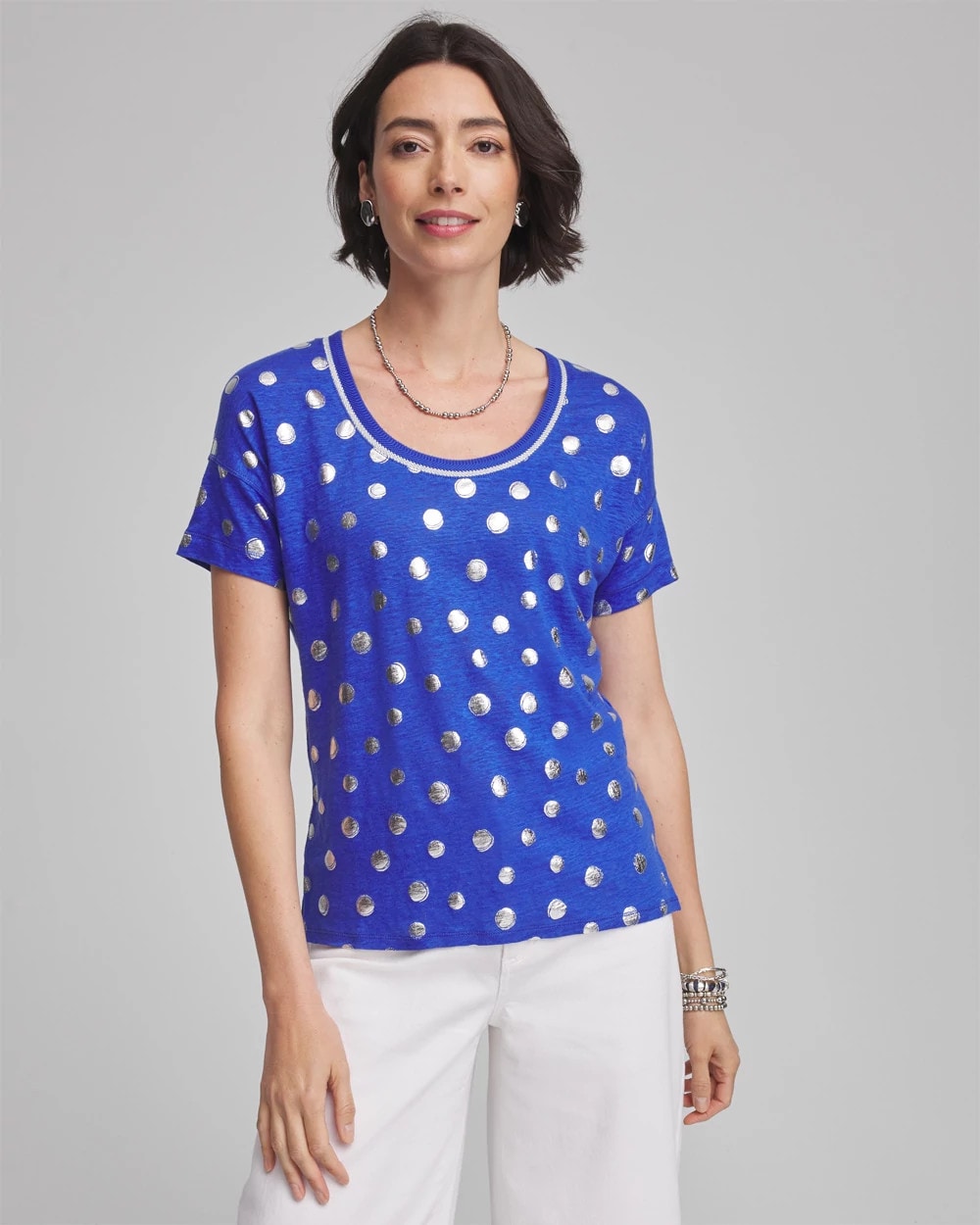 Foiled Polka-Dot Sweater-Trim Linen Tee - Chico's