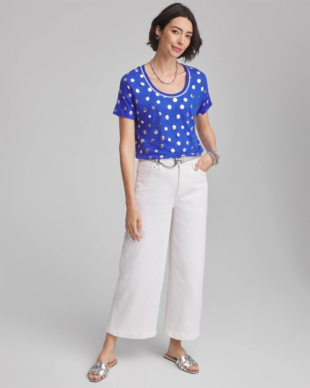 Foiled Polka-Dot Sweater-Trim Linen Tee - Chico's
