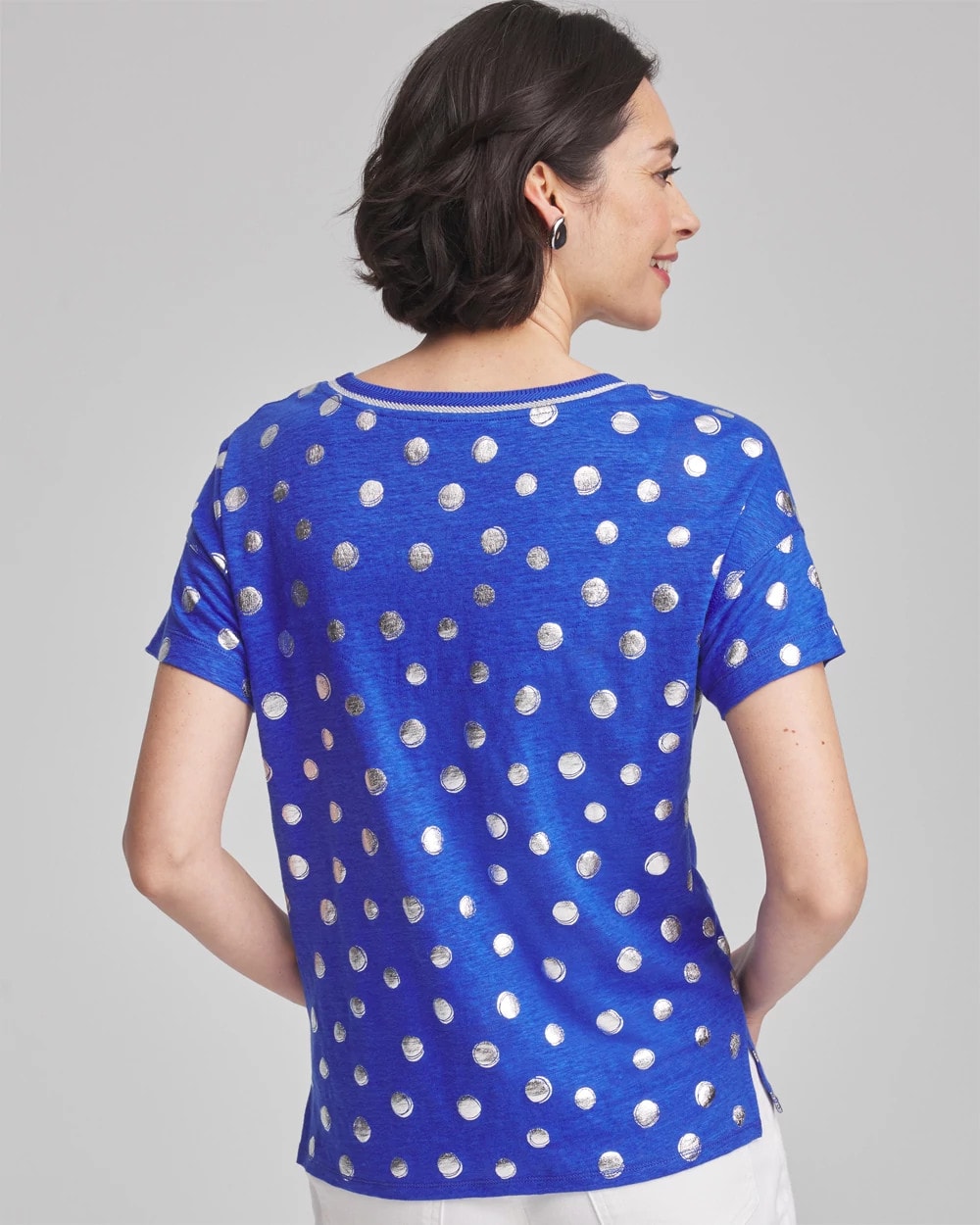 Foiled Polka-Dot Sweater-Trim Linen Tee - Chico's