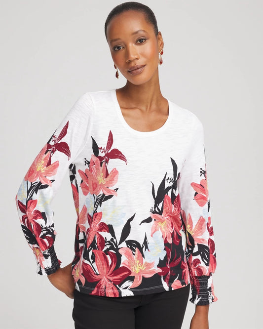 Floral-Motif Smocked Cotton-Slub Tee - Chico's