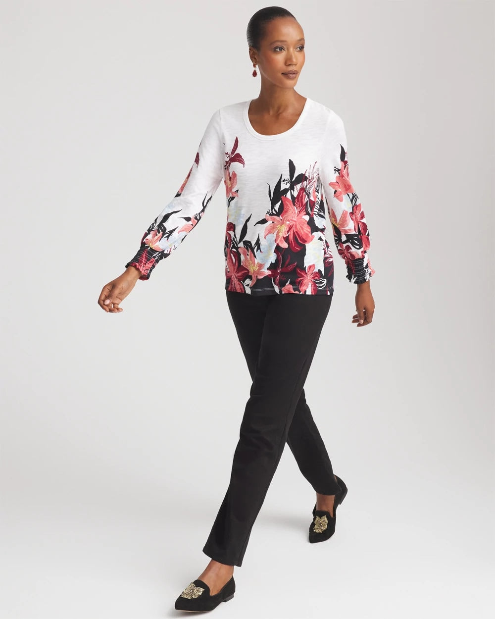 Floral-Motif Smocked Cotton-Slub Tee - Chico's